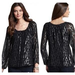 White House Black Market Silk‎ Blouse Black with Silver metallic sz XL